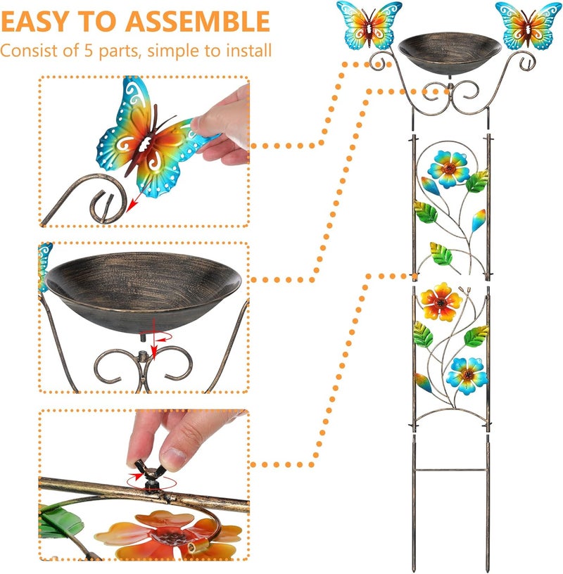 LEWIS&WAYNE Garden Trellis Bird Bath Outdoor, 40 Inch Antique Iron Garden Plant Trellis Decorative with Floral-Butterflies and Detachable Drinking Basin Bowl, Free Standing BirdBath Birdfeeder Station - Image 4